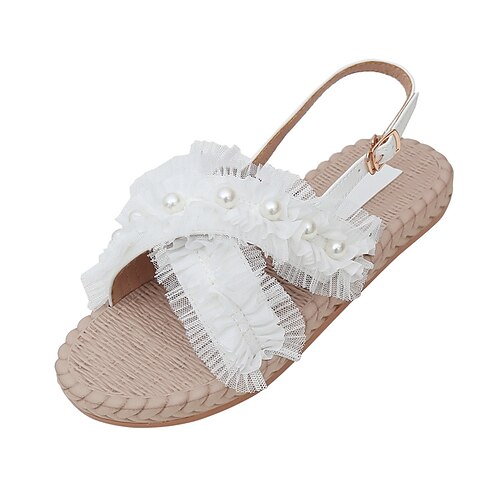 

Women's Sandals Flat Sandals Pearl Lace Flat Heel Open Toe Elegant Sweet Daily Office PU Leather Buckle Spring Summer Solid Colored White