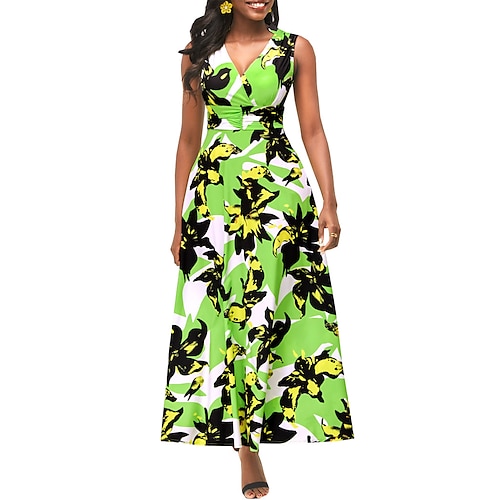 

Women's A Line Dress Maxi long Dress Green Sleeveless Floral Patchwork Print Summer V Neck Elegant Fashion Modern 2022 S M L XL 2XL