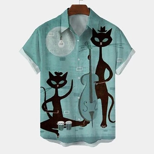 

Homens Camisa Social Camisa Gráfica Animal Gato Aberto para a Lateral Azul Impressão 3D Rua Diário Manga Curta Botão para baixo Imprimir Roupa Moda Designer Casual Respirável / Praia