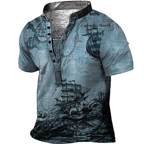 Men's Henley Shirt Tee T shirt Tee 3D Print Graphic Patterned Rudder Plus Size Stand Collar Daily Sports Button-Down Print Short Sleeve Tops Designer Basic Casual Big and Tall Green Blue Brown