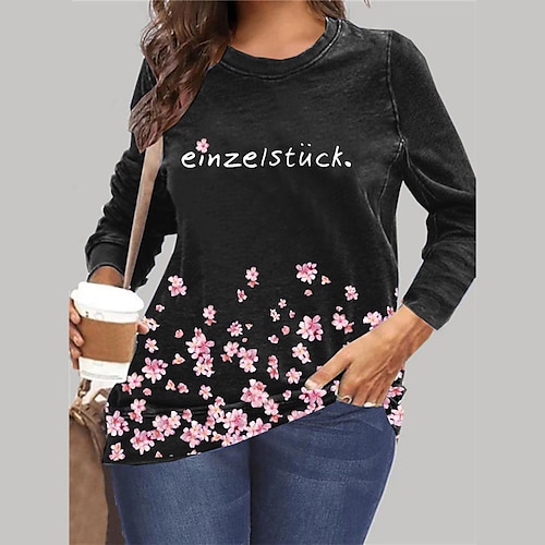 

Women's Plus Size Tops Pullover Sweatshirt Hoodie Sweatshirt Floral Letter Print Long Sleeve Crewneck Streetwear Daily Vacation Microfiber Fall Winter Black