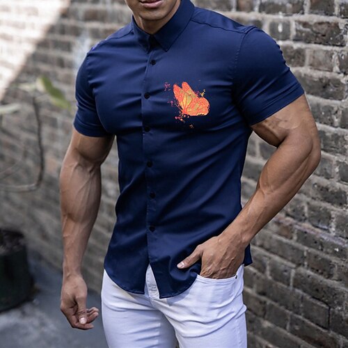 

Men's Shirt Butterfly Solid Color Turndown Christmas Party Button-Down Short Sleeve Tops Casual Slim Fit Green White Black / Summer
