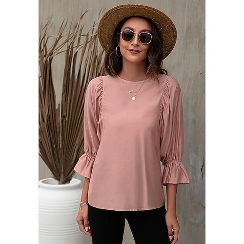 

Women's Shirt Blouse White Pink Green Plain 3/4 Length Sleeve Office Work Streetwear Casual Round Neck Regular S
