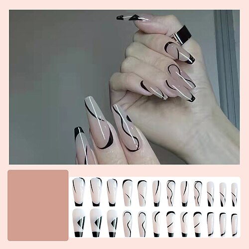 

24Pcs Almond Round Wavy False Nails Detachable Stiletto Fake Nails Full Cover French Ballerina Nail Tips Press On Nails