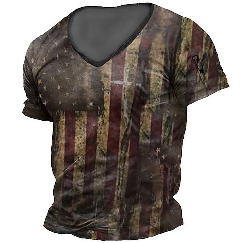 

Men's T shirt Tee Graphic National Flag V Neck Brown 3D Print Street Casual Short Sleeve Zipper Print Clothing Apparel Fashion Designer Classic Comfortable / Summer / Summer / Sports