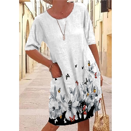 

Women's Shift Dress Short Mini Dress Blue Gray Red Half Sleeve Floral Butterfly Animal Pocket Print Fall Spring Round Neck Casual Fashion 2022 XS S M L XL XXL 3XL 4XL 5XL 6XL