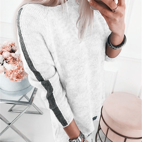 

Women's Pullover Sweater Jumper Ribbed Knit Knitted Patchwork Striped Crew Neck Casual Soft Home Holiday Fall Winter White Black S M L / Long Sleeve