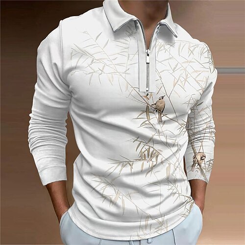 

Men's Collar Polo Shirt Golf Shirt Tree Bird Turndown White 3D Print Outdoor Street Long Sleeve Zipper Print Clothing Apparel Fashion Designer Casual Breathable