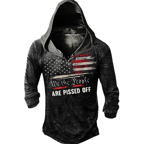 

Men's Unisex T shirt Tee 3D Print Graphic Prints National Flag Hooded Daily Holiday Print Long Sleeve Tops Designer Casual Big and Tall Black / Gray