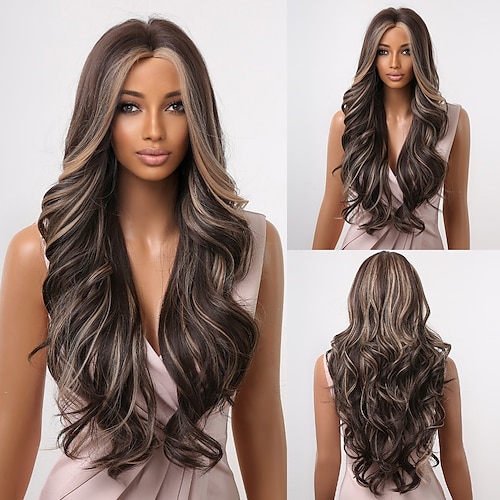 

HAIRCUBE Ombre Brown Wig Long Wavy Middle Part Synthetic Wigs for Women Daily