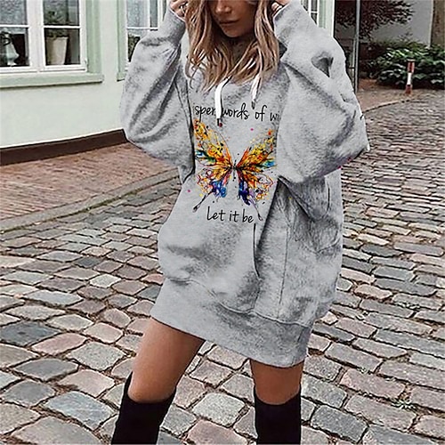 

Women's Shift Dress Short Mini Dress Gray Long Sleeve Butterfly Letter Animal Pocket Print Fall Spring Hooded Casual 2022 S M L XL XXL 3XL