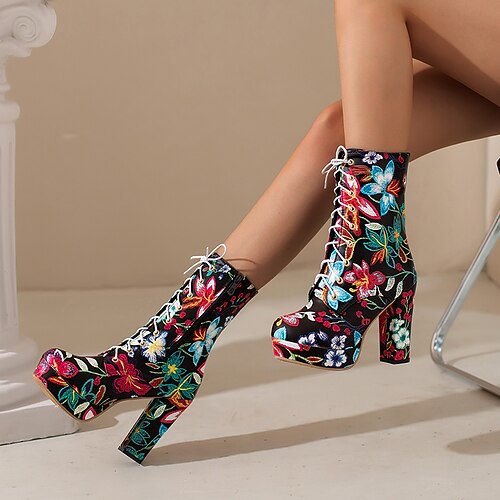 

Women's Boots Lace Up Boots Booties Ankle Boots Lace-up Chunky Heel Round Toe Elegant Party Daily PU Leather Zipper Fall Winter Floral White Black Yellow / Booties / Ankle Boots