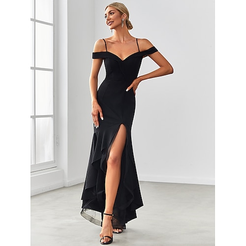 

Mermaid / Trumpet Evening Dresses Sexy Dress Birthday Floor Length Sleeveless Spaghetti Strap Polyester with Ruffles Slit Tier 2022