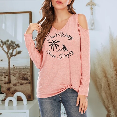 

Women's T shirt Tee Plants Text Casual Weekend Holiday Painting T shirt Tee Long Sleeve Cut Out Print V Neck Basic Essential Blue Gray Pink S