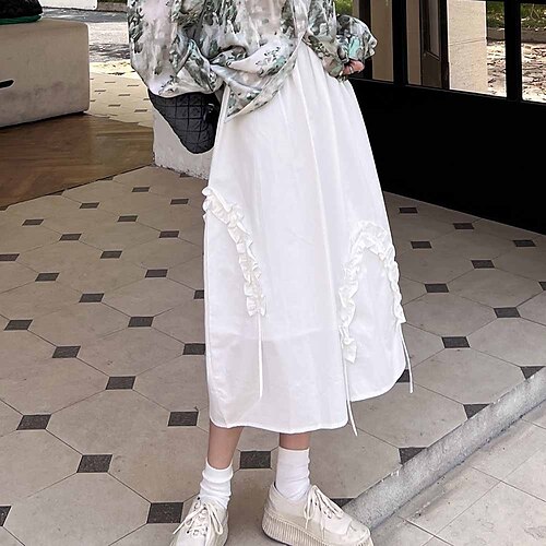 

Women's Fashion Swing Skirts Casual Daily Weekend Cotton Solid Colored Ruffle Green White Black One-Size / Loose