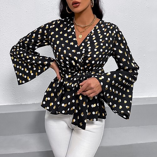 

Mulheres Camisa Social Blusa Preto Branco Marron Leopardo Poá Cordões Túnica esvoaçante Manga Longa Trabalho Diário Roupa de rua Casual Decote V Padrão S