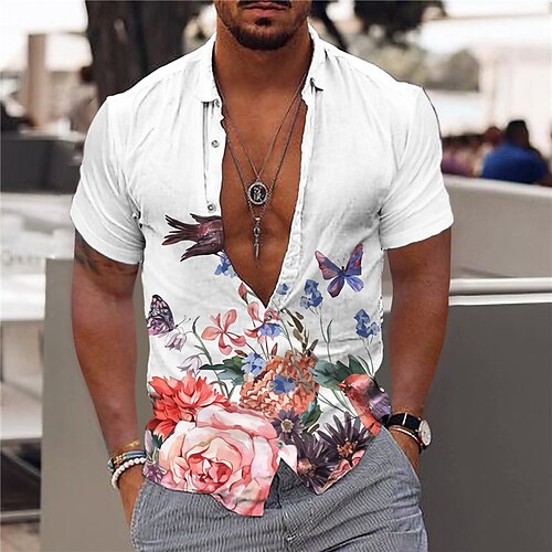 

Hombre Camisa Camisa gráfica camisa hawaiana Floral Cuello Vuelto Blanco Impresión 3D Exterior Calle Mangas cortas Abotonar Estampado Ropa Moda Design Casual Transpirable