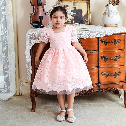 

Toddler Little Girls' Dress Solid Colored Skater Dress Party Daily Lace Trims White Pink Champagne Knee-length Short Sleeve Elegant Cute Dresses Spring Summer Slim 2-6 Years