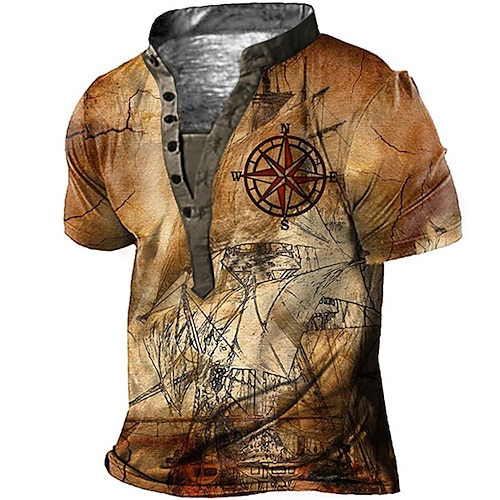 

Men's T shirt Tee Henley Shirt Tee Graphic Stand Collar Brown 3D Print Sailboat Plus Size Outdoor Daily Short Sleeve Button-Down Print Clothing Apparel Basic Designer Casual Big and Tall / Summer