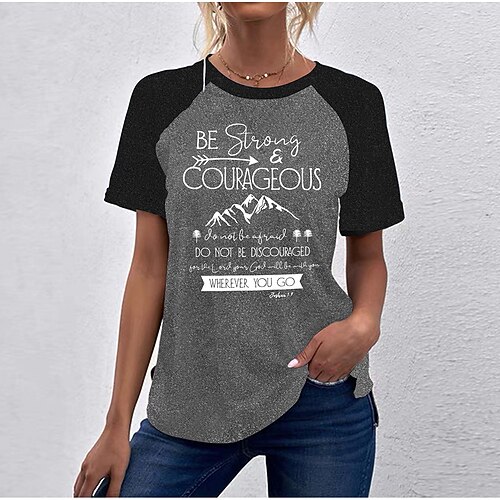 

Women's T shirt Tee Be Strong Courageous Graphic Patterned Casual Weekend Painting T shirt Tee Short Sleeve Print Round Neck Basic Green Black Blue S