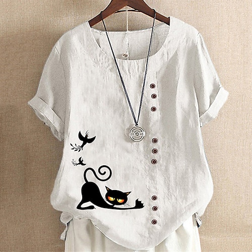 

Women's Plus Size Curve Tops Blouse Shirt Cat Animal Button Print Short Sleeve Crewneck Vintage Daily Going out Linen Spring Summer Green White