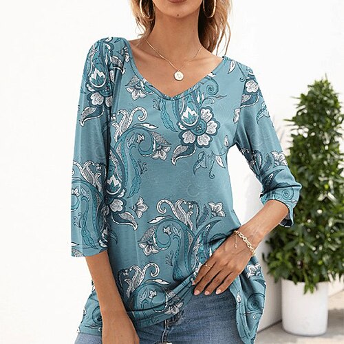 

Women's T shirt Tee Flower Casual Daily Floral T shirt Tee 3/4 Length Sleeve Print V Neck Basic Essential Blue S / 3D Print