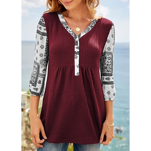 

Women's Shirt Floral Daily Weekend Floral Shirt 3/4 Length Sleeve Button Print V Neck Casual Streetwear Lantern Sleeve Black Gray Wine S