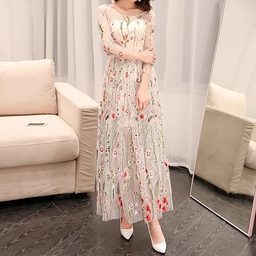 

Women's Party Dress Swing Dress Long Dress Maxi Dress Black White 3/4 Length Sleeve Floral Mesh Winter Fall Spring Crew Neck Fashion Evening Party Slim 2022 S M L XL XXL