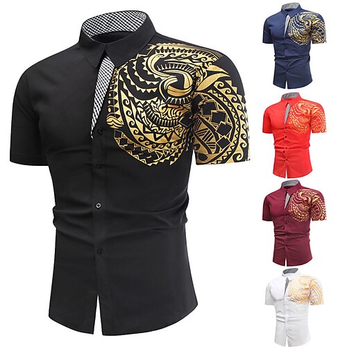 

Men's Shirt Dress Shirt Graphic Prints Turndown Wine Red Navy Blue White Black Outdoor Street Short Sleeve Button-Down Print Clothing Apparel Fashion Casual Breathable / Summer / Spring / Summer