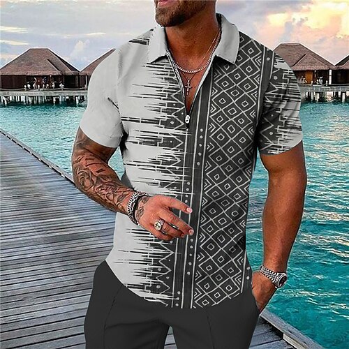 

Men's Collar Polo Shirt Golf Shirt Geometry Turndown Gray 3D Print Outdoor Street Short Sleeves Zipper Print Clothing Apparel Fashion Designer Casual Breathable / Summer / Spring / Summer