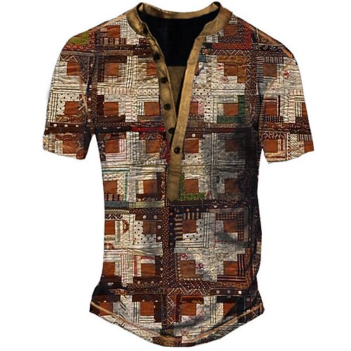 

Men's Henley Shirt Tee T shirt Tee 3D Print Graphic Patterned Geometry Plus Size Henley Daily Sports Button-Down Print Short Sleeve Tops Designer Retro Comfortable Big and Tall Brown / Summer