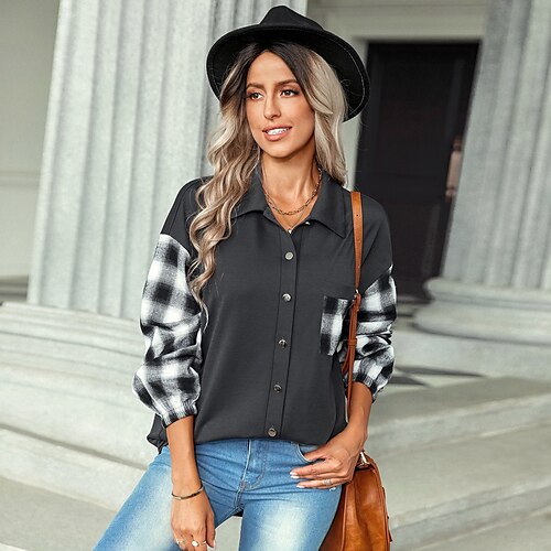 

Women's Blouse Plaid Daily Weekend Blouse Shirt Long Sleeve Pocket Button Print Shirt Collar Casual Streetwear Lantern Sleeve Black Wine Dark Gray S