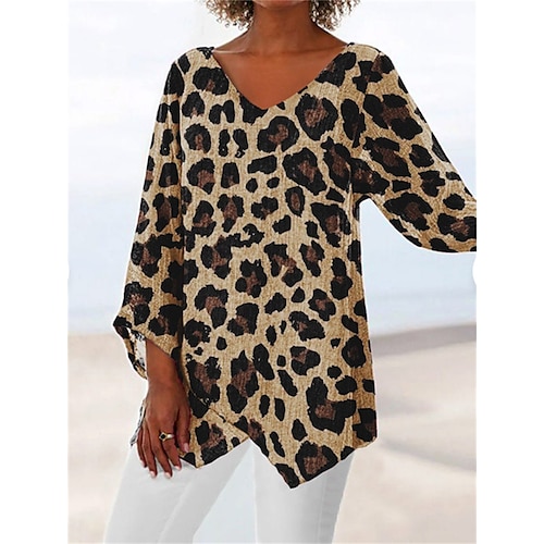 

Women's T shirt Tee Khaki Leopard Print Long Sleeve Casual Daily Basic Vintage V Neck Long Loose Fit Geometric S / 3D Print