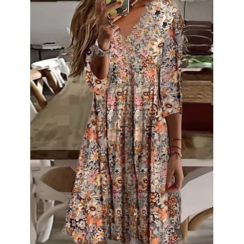 

Women's A Line Dress Midi Dress Brown Half Sleeve Floral Print Spring Summer V Neck Casual Fashion Modern 2022 S M L XL XXL 3XL