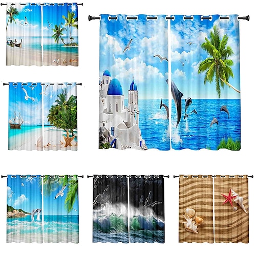 

2 Panels Set Blackout Curtains Summer Beach Design Thermal Insulated Curtains for Bedroom Living Room Modern Grommet Window Drapes Curtain Drapes