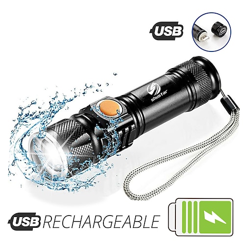 

Super bright Rechargeable LED Flashlight With Tail USB Charging Head Zoomable waterproof Torch Portable light 3 Lighting modes Built-in battery