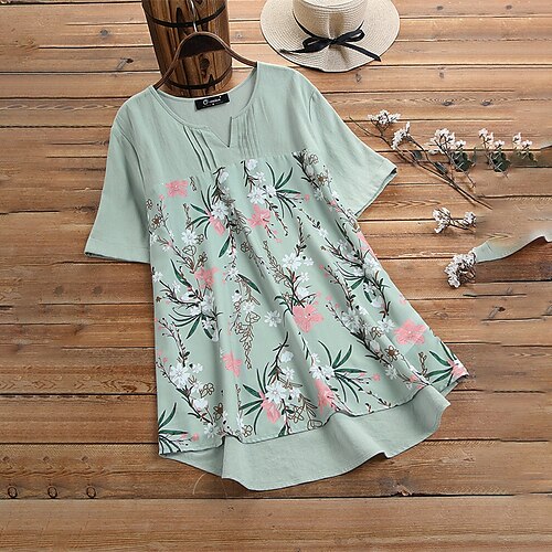 

Women's Plus Size Tops Blouse Shirt Floral Print Short Sleeve V Neck Streetwear Daily Vacation Cotton Fall Summer Green Yellow