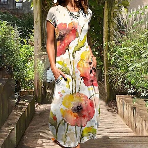 

Women's Swing Dress Maxi long Dress Black Pink Short Sleeve Floral Pocket Print Spring Summer Round Neck Casual 2022 S M L XL XXL