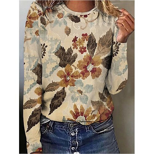 

Women's Flower Casual Daily Holiday T shirt Tee Long Sleeve Patchwork Print Round Neck Basic Essential Tops Khaki S / 3D Print