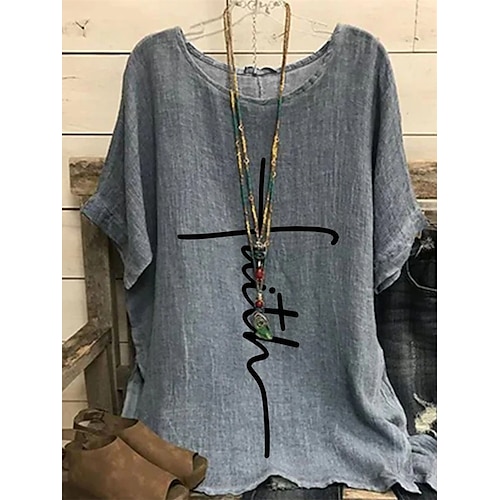 

Women's T shirt Tee Letter Casual Daily Floral T shirt Tee Short Sleeve Print Round Neck Basic Essential Loose Gray S / 3D Print