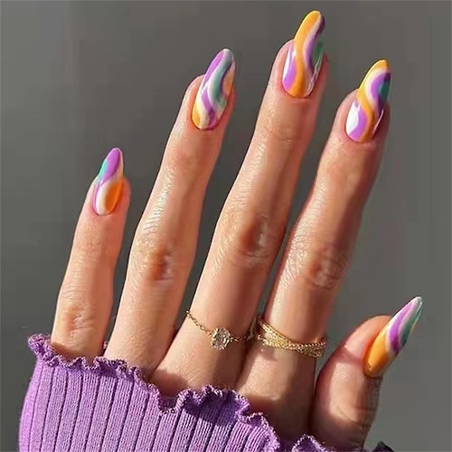 

24pcs Drop-shaped Wearing Nails Colorful Stripes Gorgeous Atmospheric Nail Manicure Patches Fake Nails Ballet Nails