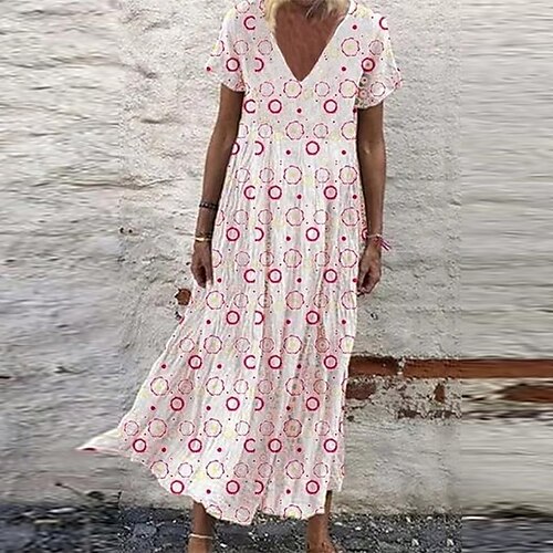 

Women's Shift Dress Maxi long Dress Pink Short Sleeve Geometric Print Spring Summer V Neck Elegant Casual Vacation 2022 S M L XL XXL 3XL