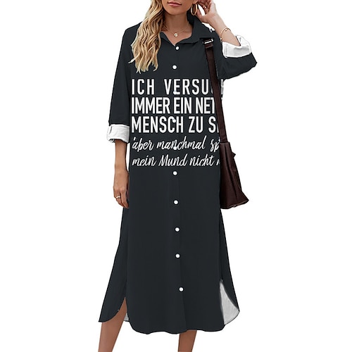 

Women's Shift Dress Midi Dress Black 3/4 Length Sleeve Letter Button Print Fall Spring Shirt Collar Casual Fashion 2022 S M L XL XXL 3XL