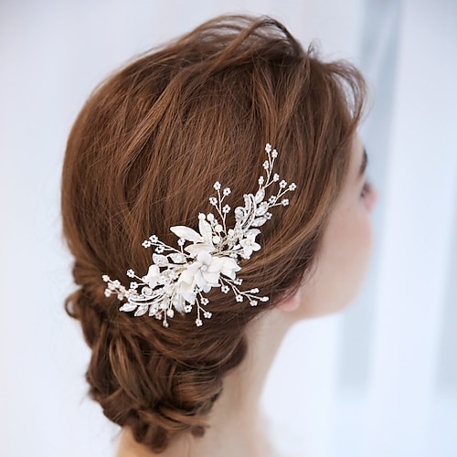 

1 Pc Flower Crystal Brides Wedding Hair Comb Elegant Silver Hair Accessories with white Ceramic Flower Pearl Bridal Side Combs Headpiece for Women