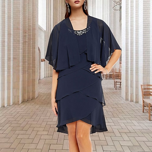 

Two Piece A-Line Mother of the Bride Dress Elegant Jewel Neck Short / Mini Chiffon Short Sleeve Wrap Included with Beading Ruffles 2022