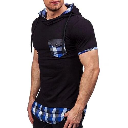 

Men's Hoodie Blue Red Hooded Plaid Pocket Going out Streetwear Streetwear Cool Casual Winter Spring & Fall Clothing Apparel Hoodies Sweatshirts Short Sleeve