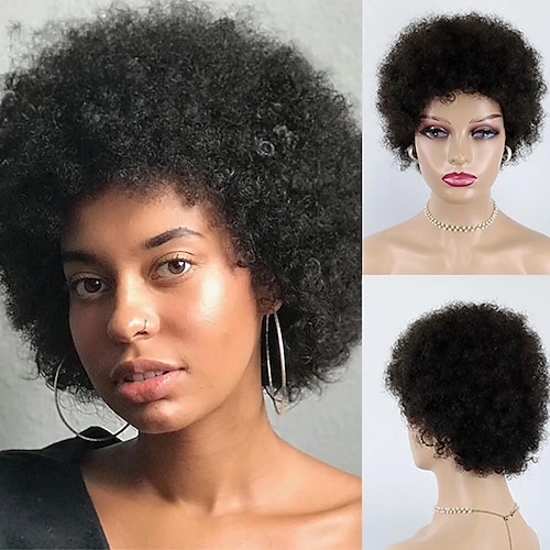 

Remy Short Afro Kinky Curly Wave Brazilian Human Hair Wigs Off Black Brown Color Wig For Black Women With Bang/Fringe Wigs