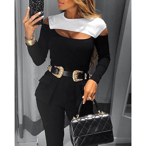 

cross-border foreign trade new european and american temperament women's threaded stitching t-shirt sexy tight-fitting long-sleeved top autumn and winter new
