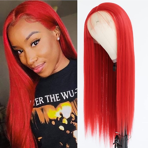 

Synthetic Lace Wig kinky Straight Style 10-26 inch Red Middle Part 132.5 lace front Wig All Wig Watermelon Red