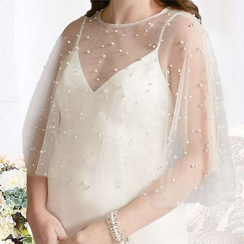 

Shawl & Wrap Shawls Women's Wrap Bolero Elegant Bridal Sleeveless Lace Wedding Wraps With Faux Pearl For Wedding Spring & Summer